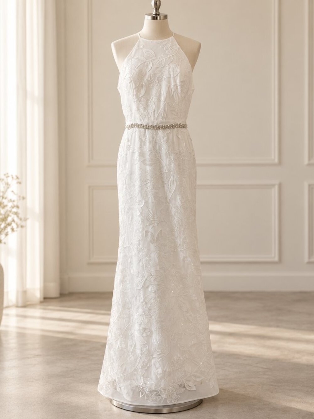 White Lace Wedding Dress Halter Bridal Gown Embroidered Maxi Size 14 DB Studio